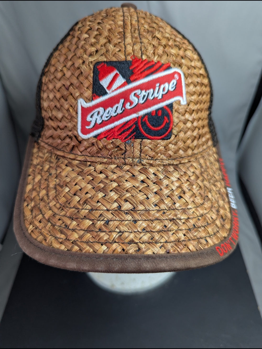 Vintage Red Stripe Beer Hat Straw Mesh SnapBack Trucker
